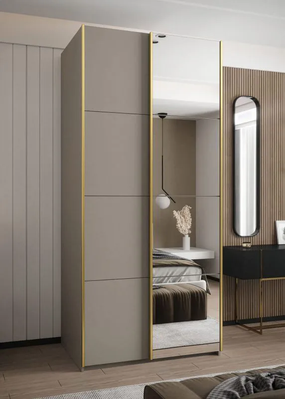 Armoire / Armoire à portes coulissantes | 6 compartiments | Fermeture amortie | Couleur : cachemire | 245,5 x 100 x 64 cm | 2 tringles à vêtements | 2 portes coulissantes | Miroir