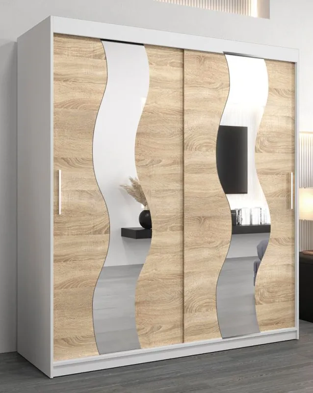 Armoire à portes coulissantes avec miroir Hacho 04 | Blanc mat & Chêne Sonoma | 200 x 180 x 62 cm