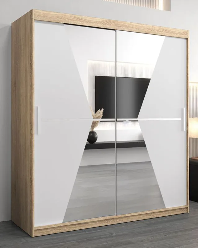 Armoire penderie portes coulissantes Naranco 04 avec miroir | Espace optimisé | Chêne Sonoma / Blanc mat | 200 x 180 x 62 cm