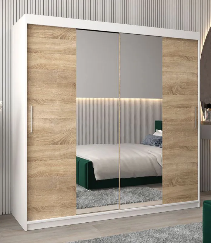 Armoire à portes coulissantes / Penderie Bisaurin 5B avec miroir, Couleur : Blanc mat / Chêne de Sonoma - Dimensions : 200 x 200 x 62 cm ( H x L x P)