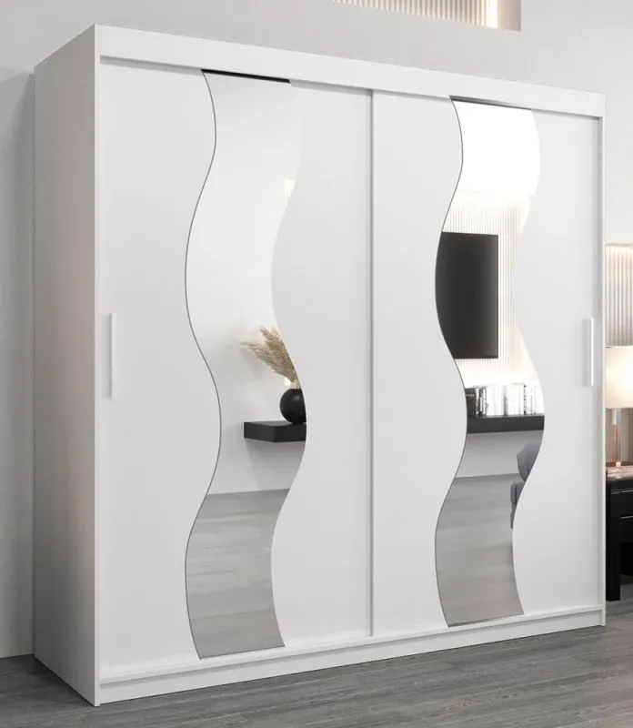 Armoire penderie à portes coulissantes Hacho 05 avec miroir | Blanc mat | 200 x 200 x 62 cm | Design moderne