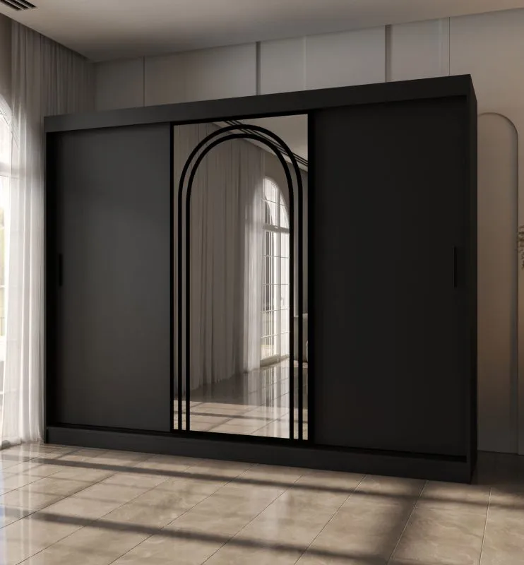 Armoire à portes coulissantes / Noir mat / 10 compartiments / 2 tringles / 250 x 62 x 200 cm / Armoire / Porte miroir / Finition haut de gamme / Design moderne