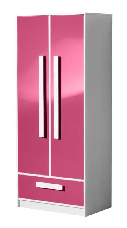 Armoire penderie enfant Walter 01 | 2 portes, 1 tiroir | Blanc & Rose brillant | 191 x 80 x 50 cm