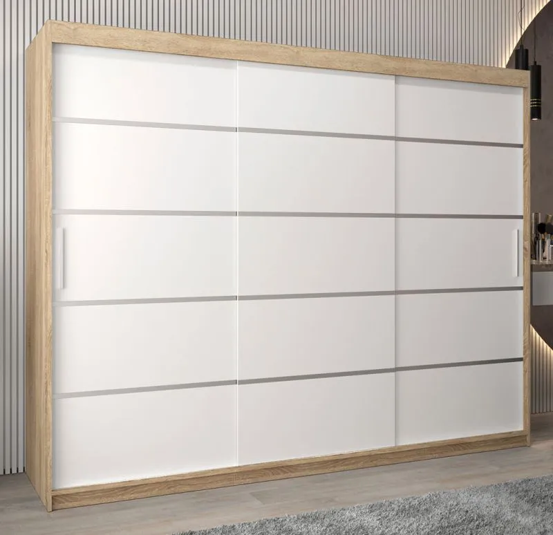 Armoire à portes coulissantes / Penderie Jan 06A, Couleur : Chêne de Sonoma / Blanc mat - Dimensions : 200 x 250 x 62 cm ( H x L x P)