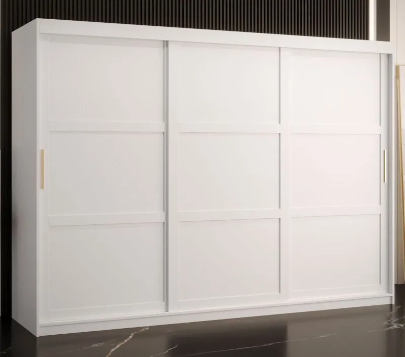Armoire noble avec trois portes Liskamm 21, Couleur : Blanc mat - Dimensions : 200 x 250 x 62 cm (h x l x p), avec 10 compartiments et deux tringles à vêtements