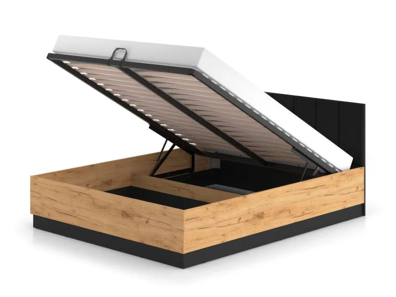 Lit d'appoint / Lit double avec sommier à lattes relevable Dagali 13, très stable, Couleur : Chêne / Noir, Surface de couchage : 160 x 200 cm (L x l), Protections d'angle en ABS