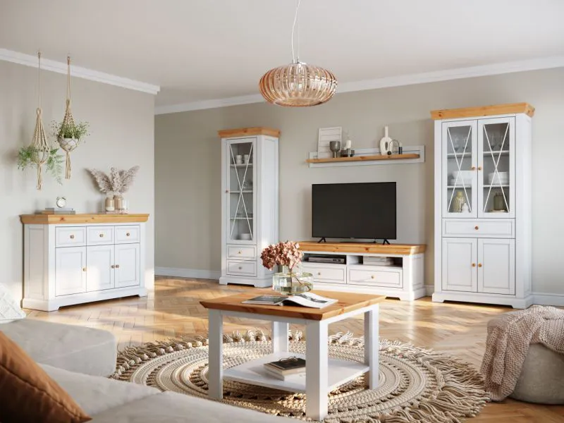 Salon complet - Ensemble A Bresle, 5 pièces, pin massif, en blanc / naturel, poignées rondes en bois, style maison de campagne, finition de haute qualité