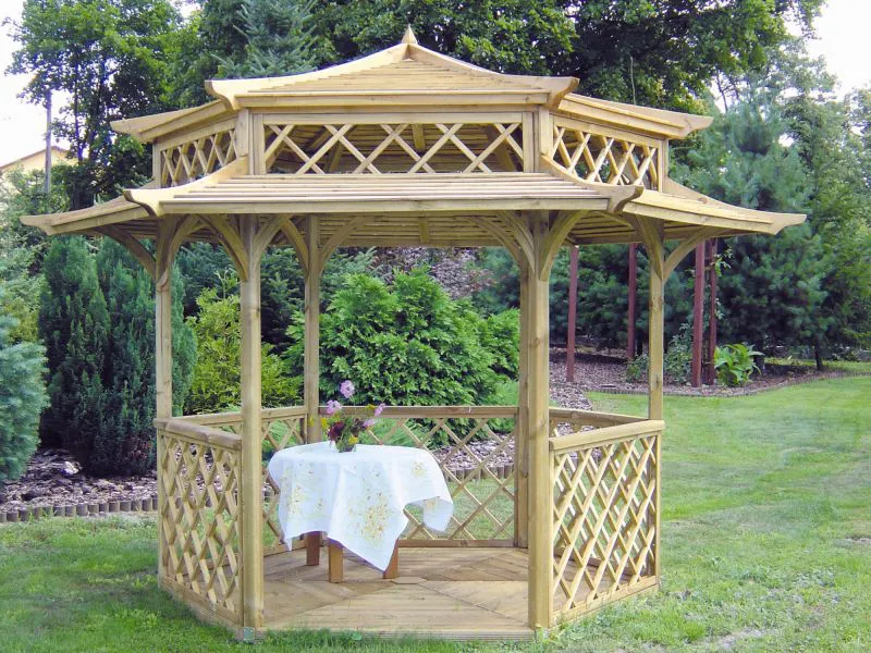 Pavillon Craspedia 01 en bois de pin, massif, imprégné sous pression, surface de base 5,5 m², plancher inclus, toit en pavillon, pagode de jardin, abri en bois