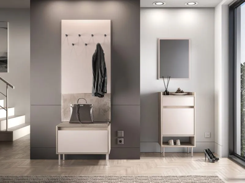 Ensemble complet de garde-robe / Couleur : Chêne crémone / cachemire / soft-close / coussin en velours inclus / commode / miroir / armoire à chaussures / garde-robe avec sept crochets
