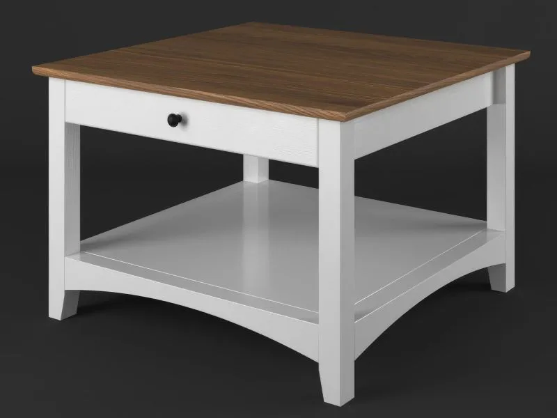 Table basse Lagopus 08 en pin massif blanc et brun | 90 x 90 x 51 cm | Rangement pratique