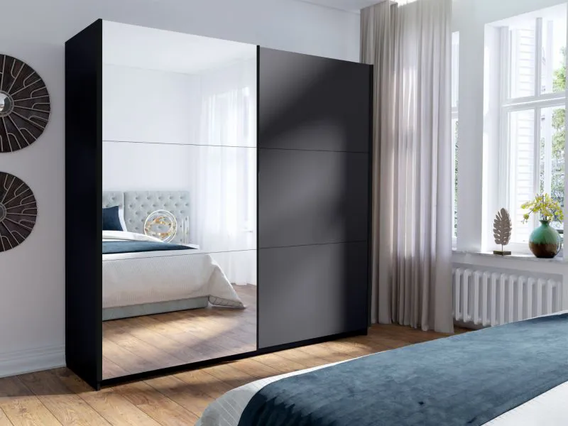 Armoire avec miroir Lamia | Graphite | 6 compartiments | 1 penderie | 2 m de large | Portes coulissantes