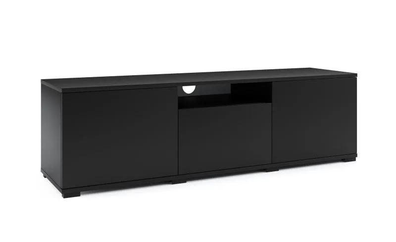 Meuble bas TV avec Fonction push-to-open Zapopan 104, une porte basculante, Couleur : Noir, un trou pour le câble, quatre compartiments, dimensions : 42 x 150 x 40 cm, pour le salon