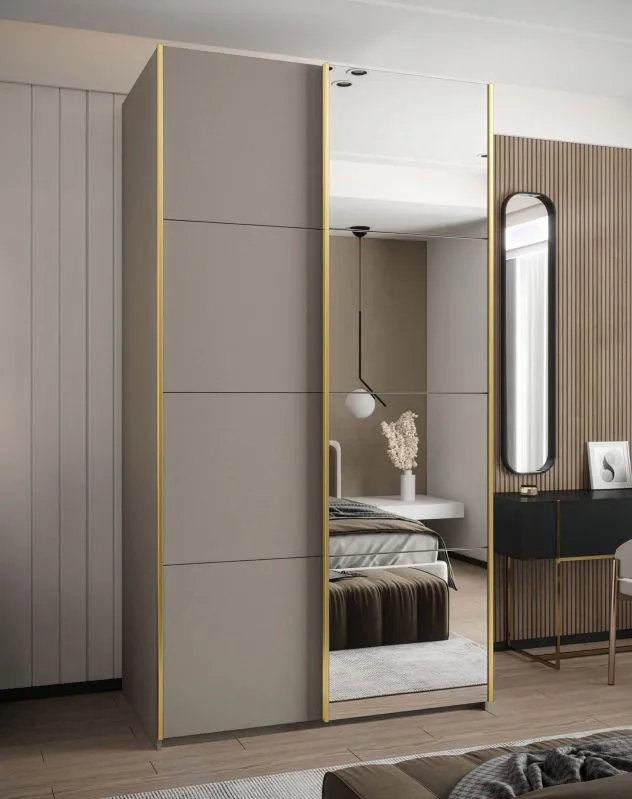 Armoire / Armoire à portes coulissantes | Couleur : cachemire | Fermeture en douceur | Miroir | 2 tringles à vêtements | 245,5 x 140 x 64 cm | 2 portes coulissantes | 6 compartiments