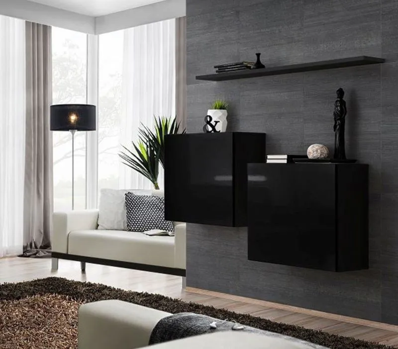 Meuble suspendu Balestrand 322 noir | 2 armoires murales et étagère | Push-to-open | 110 x 130 x 30 cm