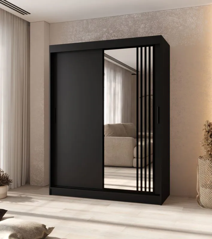 Armoire à portes coulissantes / Noir mat / 5 compartiments / 2 tringles / Détails modernes / 1 porte miroir / 150 x 62 x 200 cm / Penderie