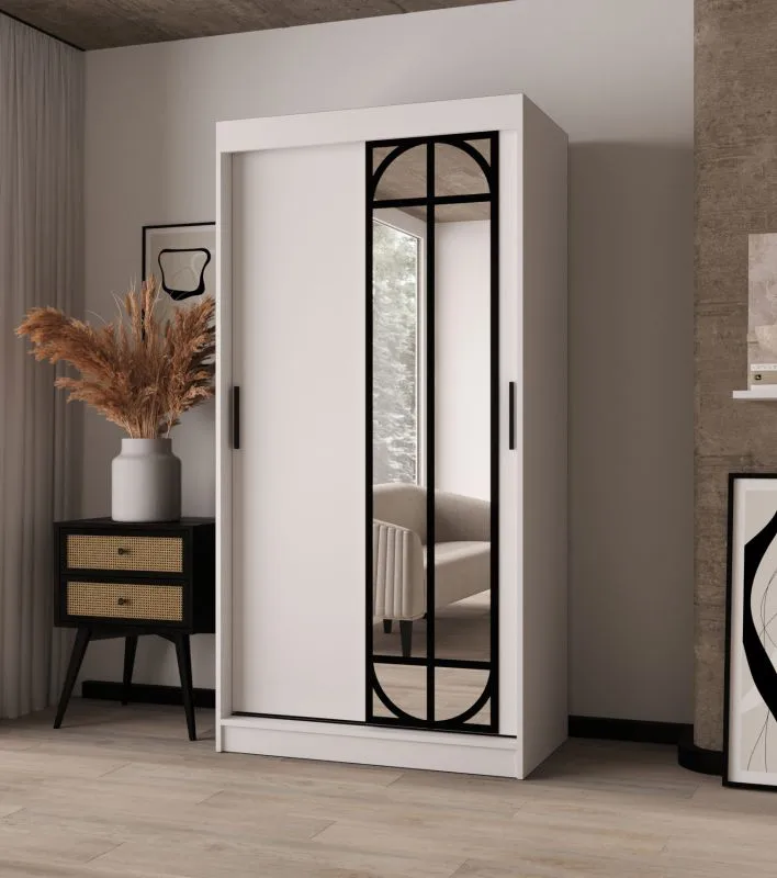 Penderie / Blanc mat / 2 tringles / 5 compartiments / 100 x 62 x 200 cm / Porte miroir décorative / Armoire à portes coulissantes / Détails modernes