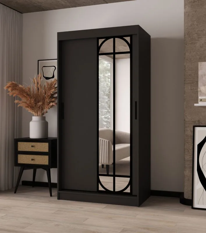 Penderie / Noir mat / 2 tringles / 5 compartiments / 100 x 62 x 200 cm / Porte miroir décorative / Armoire à portes coulissantes / Détails modernes