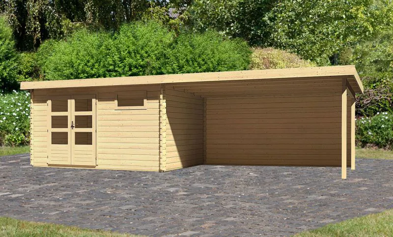 Abri de jardin SET naturel avec toit rapporté 4,0 m de large, panneau arrière, surface au sol : 10,36m².