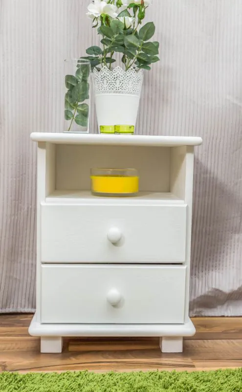 Table de chevet en pin massif blanc laqué 007 | 2 tiroirs, 1 niche | 55 x 42 x 35 cm
