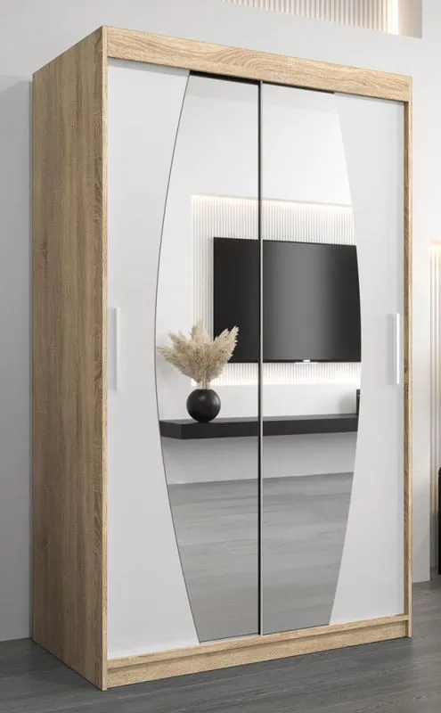 Armoire penderie coulissante Calvitero 02 avec miroir | Chêne Sonoma / blanc mat | 200 x 120 x 62 cm