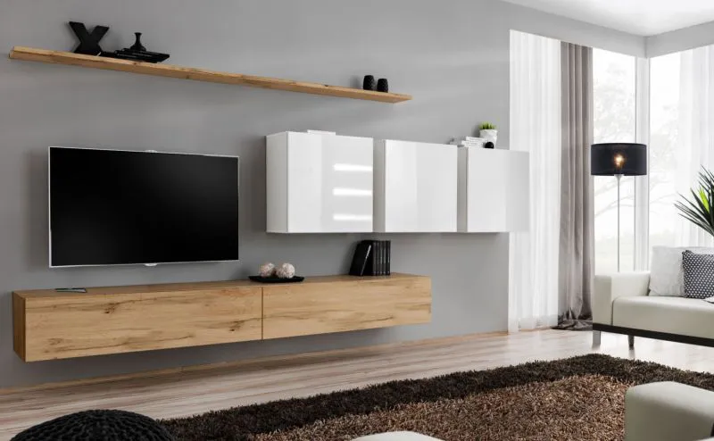 Mur de salon simple avec grand espace de rangement Balestrand 107, Couleur : Chêne wotan / Blanc - dimensions : 150 x 340 x 40 cm (h x l x p), avec huit compartiments