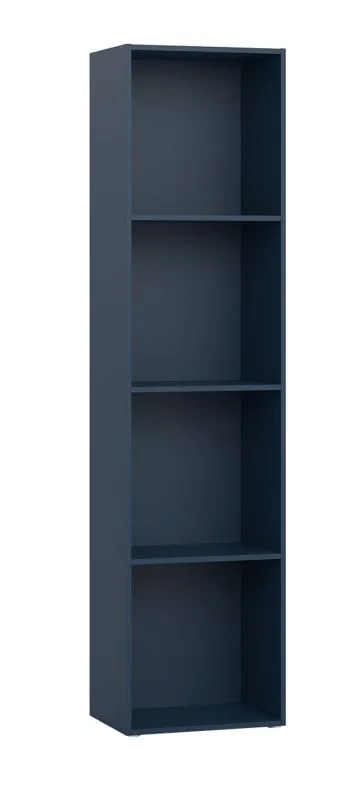 Bibliothèque moderne Aenna 53, couleur : Indigo, avec quatre compartiments, dimensions : 202,5 x 50,5 x 33,5 cm, pieds réglables, pour le salon