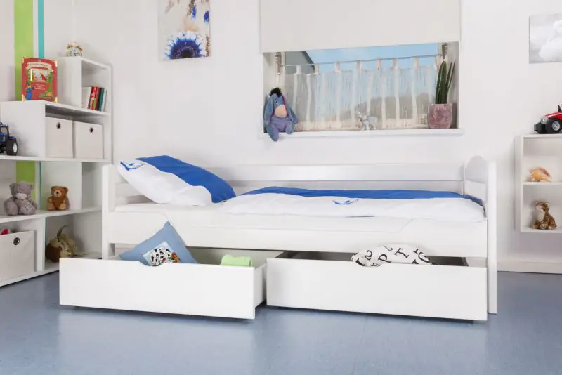 Lit enfant / lit junior "Easy Premium Line" K1/n/s avec 2 tiroirs et 2 panneaux de recouvrement, 90 x 200 cm hêtre massif laqué blanc