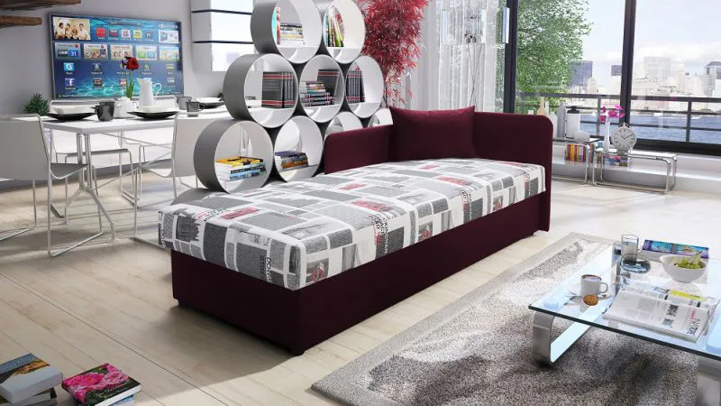 Lit de jour / Lit d'appoint avec rembourrage confortable Lobatos 54, couleur : violet, tête de lit à droite, surface de couchage, 80 x 195 cm, canapé-lit, lit simple