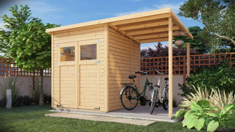 Abri de jardin Dresden 02 avec toit rapporté, plancher inclus, naturel - 14 mm abri de jardin en éléments, surface au sol : 3,00 m², toit à une pente