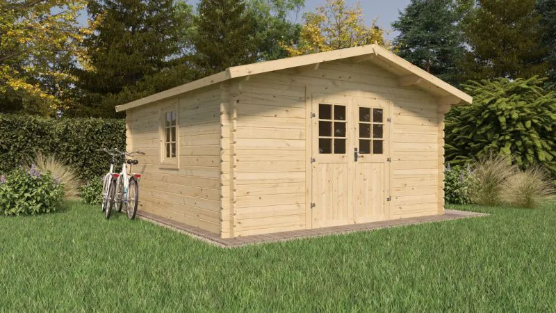 Abri de jardin Wiesentraum 08, Naturel, 44 mm Maison en madriers, Surface au sol 16 m², Toit en bâtière, avec 1 porte double et 1 fenêtre simple