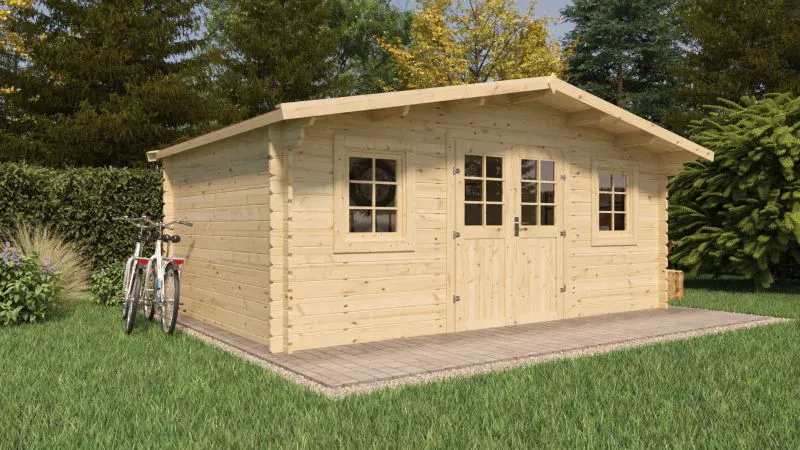 Abri de jardin Wiesenlust 03, Surface : 16 m², 34 mm Maison en madriers, naturel, avec 1 porte double et 2 fenêtres simples, Toit à deux versants