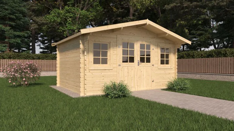 Abri de jardin Wiesenlust 01, 34 mm Maison en madriers, naturel, surface au sol 11,8 m², avec 1 porte double et 2 fenêtres simples, Toit à deux versants