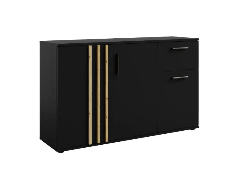 Buffet / Commode trois portes Elefsina 02, Couleur : Noir / Chêne artisan, un tiroir, trois compartiments, dimensions : 73 x 120 x 35 cm, bien fini