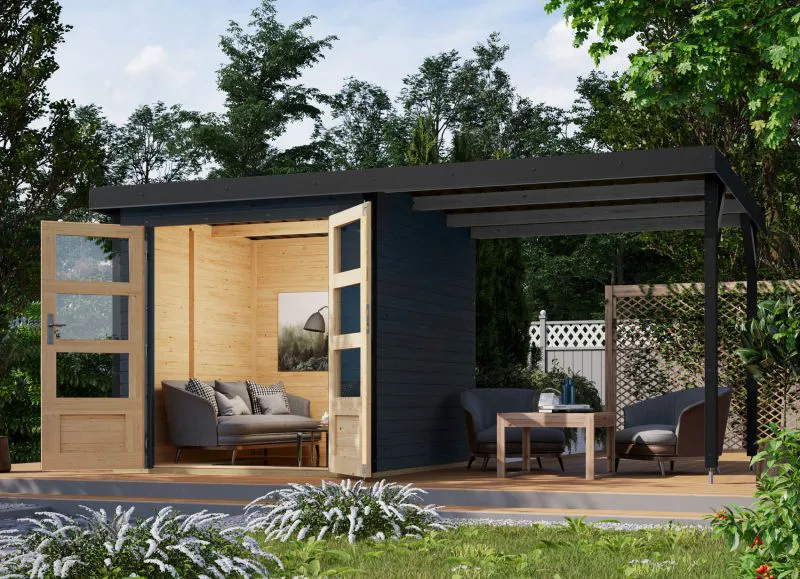 Abri de jardin en bois, toit rapporté en épicéa du Nord, anthracite, toit en tôle trapézoïdale, coins solides renforcés de métal, porte à double battant, surface au sol 4,45 m².