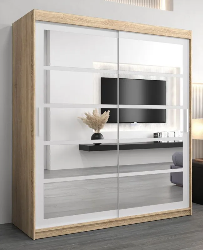 Armoire penderie à portes coulissantes Aizkorri 04B avec miroir | Chêne Sonoma / blanc mat | 200 x 180 x 62 cm