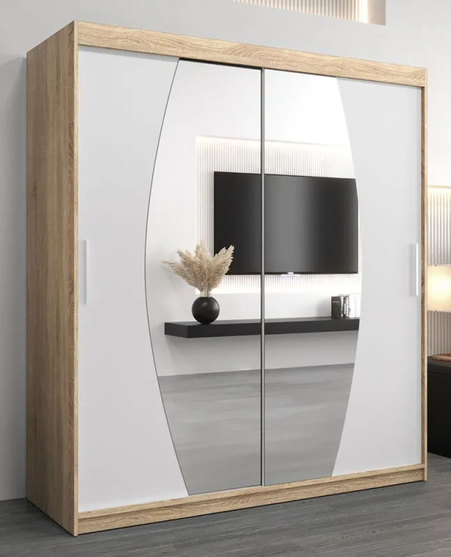Armoire portes coulissantes Calvitero 04 avec miroir | Espace optimisé | Chêne Sonoma / Blanc mat | 200 x 180 x 62 cm