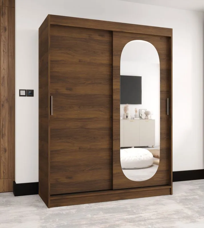 Penderie / Armoire à portes coulissantes / Couleur : Noyer / Porte avec miroir ovale / 1,5 mètre de large / Cinq casiers / Deux tringles à vêtements
