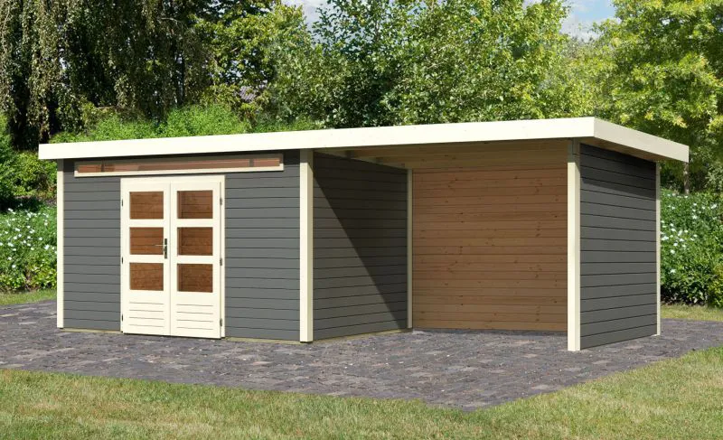 Abri de jardin SET gris terra avec toit rapporté 3,2 m de large, parois latérales et arrière, surface au sol : 8,6m².