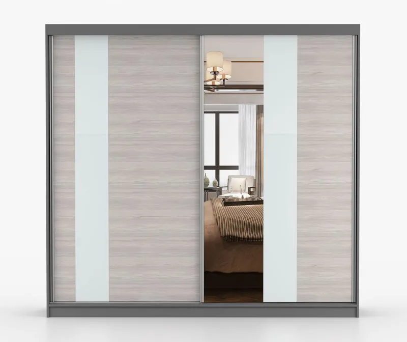 Armoire penderie Gorski 61 avec portes coulissantes miroir, gris-blanc, 218x233x61 cm, 12 compartiments, grand rangement