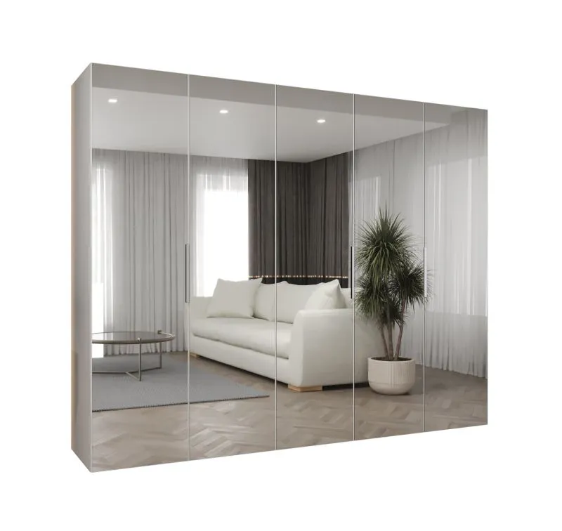 Armoire à portes battantes Korab 147 | Blanc, poignées couleur cachemireées | 2,5 m de large | 5 portes miroir | Soft-Close
