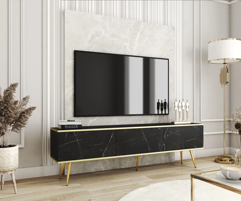 Armoire TV large / Meuble TV avec Fonction push-to-open Horsham 51, Couleur : Marbre noir, trois compartiments à clapet, Pieds : Or, montage suspendu, protection des chants ABS