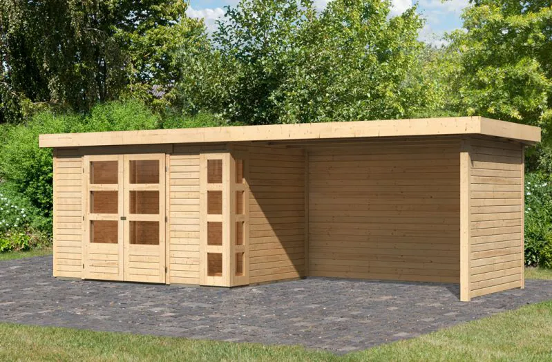 Abri de jardin SET naturel avec toit traînant 2,8 m de large, parois latérales et arrière, surface au sol : 6,35m².