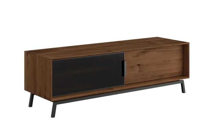 Meuble TV bas Salleron 03 | Chêne massif huilé tabac | 1 porte vitrée, 1 porte bois | 52 x 200 x 50 cm | 4 compartiments