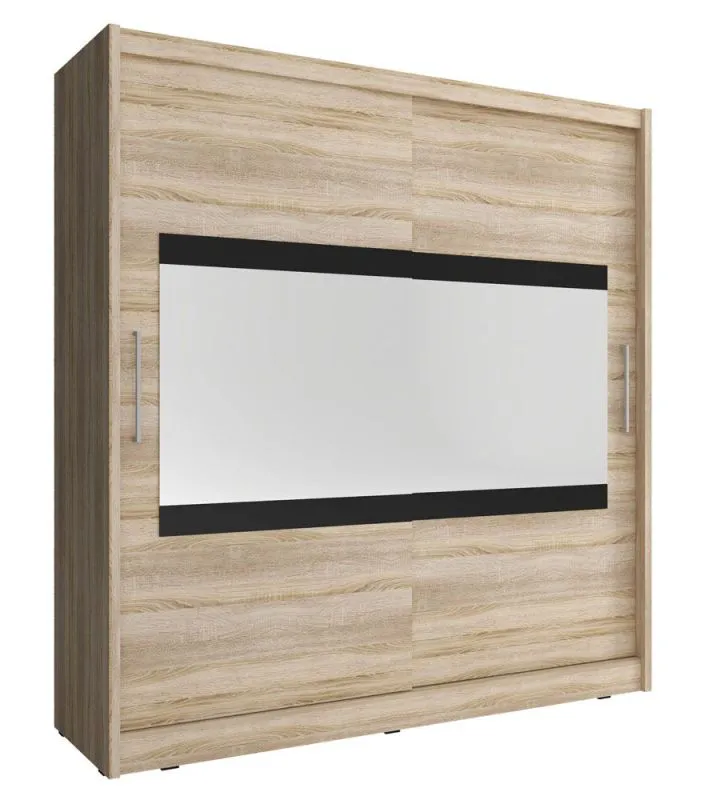 Armoire à portes coulissantes avec bandes réfléchissantes Warbreck 48, couleur : Chêne de Sonoma - Dimensions : 200 x 180 x 62 cm (h x l x p), avec cinq casiers