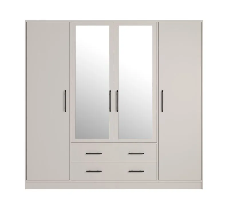 Armoire Hannut 11, Couleur : Cachemire, quatre portes, deux tiroirs, dimensions : 190 x 200 x 56 cm, deux tringles, cinq étagères en bois
