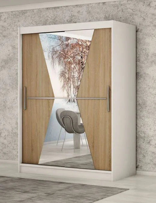Armoire à portes coulissantes Naranco 03 avec miroir | Blanc mat & Chêne Sonoma | 200 x 150 x 62 cm