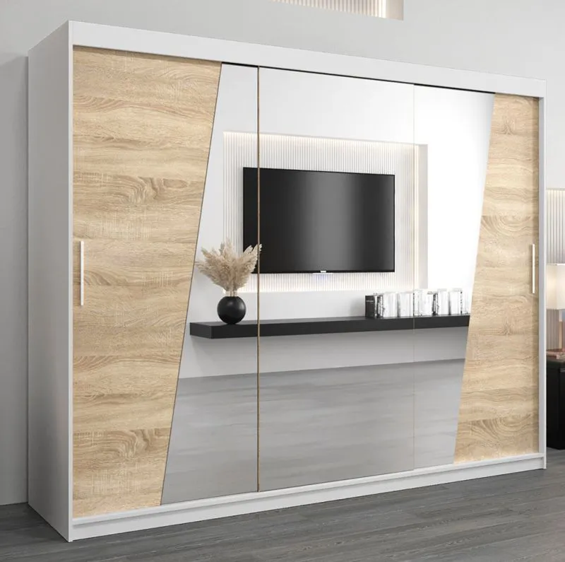 Armoire à portes coulissantes Guajara 06 avec miroir | Blanc mat & Chêne Sonoma | 200 x 250 x 62 cm