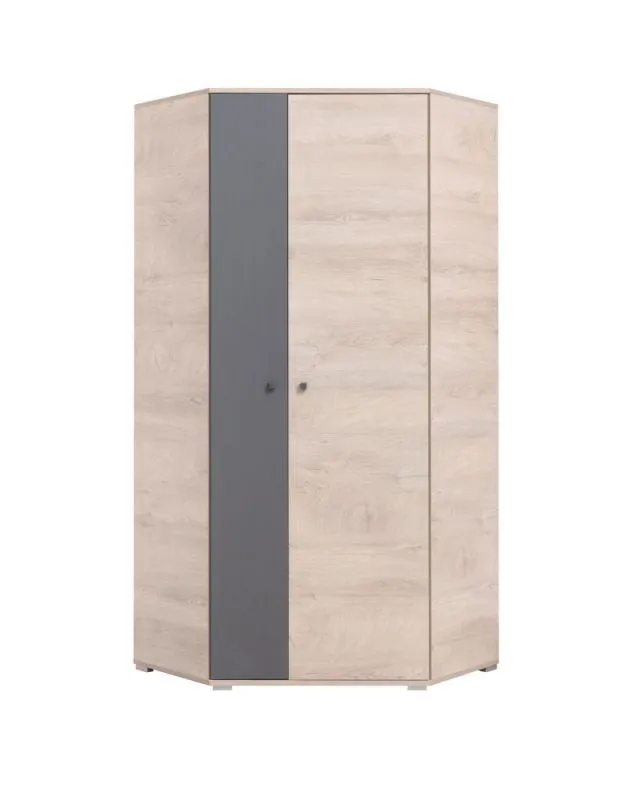 Armoire à portes battantes de la chambre des jeunes / armoire d'angle Chiny 02, couleur : chêne / gris - Dimensions : 190 x 90 x 90 cm (H x L x P)