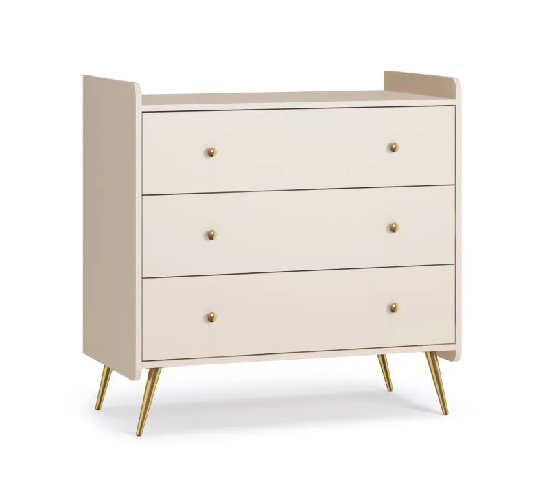 Commode de chambre de bébé / 3 tiroirs / Couleur : Beige / Chambre d'enfant / Poignées & Pieds : Or / Soft-close / Dimensions : 90 x 50 x 90 cm / Poignées rondes