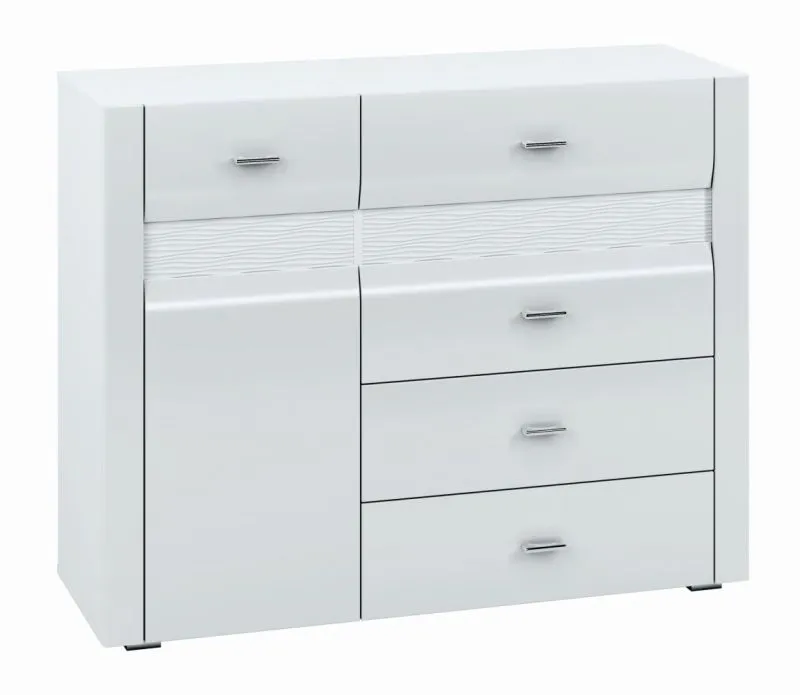 Commode Heber 07, couleur : blanc / blanc brillant - Dimensions : 94 x 119 x 42 cm (h x l x p), avec 1 porte, 4 tiroirs et 2 compartiments